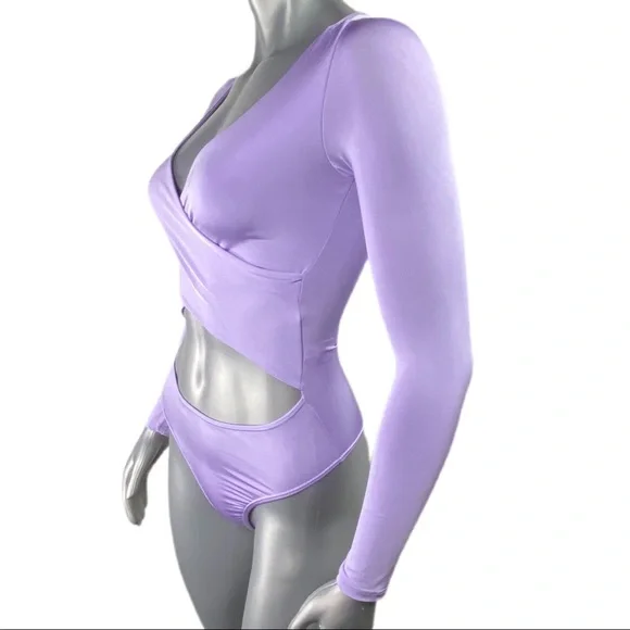 Fashion Nova | Lilac Purple Cut Out Body Suit Long Sleeve Thong back - Picture 7 of 16